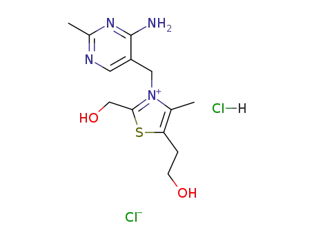 Molecular Structure of 22580-38-7 (3-(4-amino-2-methyl-pyrimidin-5-ylmethyl)-5-(2-hydroxy-ethyl)-2-hydroxymethyl-4-methyl-thiazolium; chloride monohydrochloride)