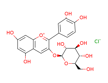 7084-24-4,KUROMANIN CHLORIDE,1-Benzopyrylium,2-(3,4-dihydroxyphenyl)-3-(b-D-glucopyranosyloxy)-5,7-dihydroxy-, chloride (9CI);Chrysanthemin(6CI,8CI);3,3',4',5,7-Pentahydroxyflavylium chloride, 3-glucoside;3-(b-D-Glucopyranosyloxy)-3',4',5,7-tetrahydroxyflavyliumchloride;3-O-(b-D-Glucopyranosyl)cyanidin;Asterin;Chrysontemin;Cyanidin 3-O-glucoside;Cyanidin 3-O-b-D-glucopyranoside;Cyanidin 3-O-b-glucopyranoside;Cyanidin3-glucoside;Cyanidin 3-monoglucoside;Cyanidin 3-b-D-glucopyranoside;Cyanidin 3-b-O-glucoside;Cyanidin 3-b-glucopyranoside;Cyanidin 3-b-glucoside;Cyanidol 3-glucoside;Glucocyanidin;Kuromanin;Kuromanine;