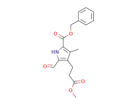Molecular Structure of 16258-78-9 (1H-Pyrrole-3-propanoic acid,
2-formyl-4-methyl-5-[(phenylmethoxy)carbonyl]-, methyl ester)