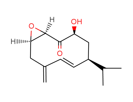 Molecular Structure of 113666-34-5 ((2S,4S,5E,9R,10R)-9,10-epoxy-2-hydroxy-7-methylene-4-(1-methylethyl)-5-cyclodecene-1-one)