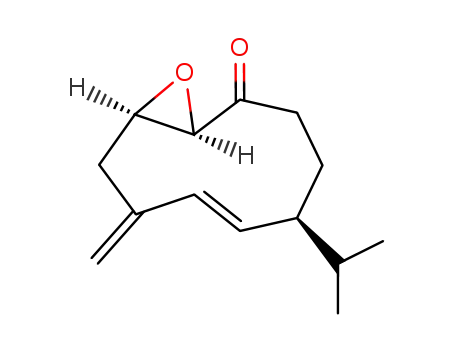 Molecular Structure of 105930-39-0 ((4S,5E,9R,10R)-9,10-epoxy-7-methylene-4-(1-methylethyl)-5-cyclodecene-1-one)