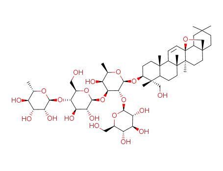Molecular Structure of 141896-30-2 (b-D-Galactopyranoside, (3b,4a)-13,28-epoxy-23-hydroxyolean-11-en-3-yl O-6-deoxy-a-L-mannopyranosyl-(1®4)-O-b-D-glucopyranosyl-(1®3)-O-[b-D-glucopyranosyl-(1®2)]-6-deoxy-)