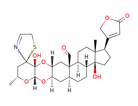 Molecular Structure of 24211-81-2 (Card-20(22)-enolide,14-hydroxy-2,3-[[(5S,6R,7S,9R)-6-hydroxy-9-methyl-8-oxa-1-thia-4-azaspiro[4.5]dec-3-ene-6,7-diyl]bis(oxy)]-19-oxo-,(2a,3b,5a)-)