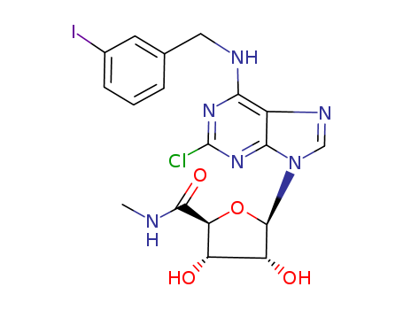 163042-96-4,1-[2-CHLORO-6-[[(3-IODOPHENYL)METHYL]AMINO]-9H-PURIN-9-YL]-1-DEOXY-N-METHYL-BETA-D-RIBOFURANURONAMIDE,CF 102;CI-IB-MECA;Chloro-IB-MECA;Cl-IB-MECA;2-Chloro-N(6)-(3-iodobenzyl)-9-(5-(methylcarbamoyl)-beta-D-ribofuranosyl)adenine;1-(2-Chloro-6-(((3-iodophenyl)methyl)amino)-9H-purin-9-yl)-1-deoxy-N-methyl-beta-D-Ribofuranuronamide;