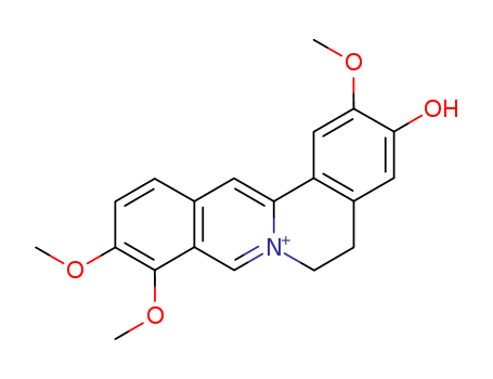 3621-38-3,2,9,10-Trimethoxy-5,6-dihydroisoquinolino[2,1-b]isoquinolin-7-ium-3-ol,Berbinium,7,8,13,13a-tetradehydro-3-hydroxy-2,9,10-trimethoxy- (8CI);7,8,13,13a-Tetradehydro-3-hydroxy-2,9,10-trimethoxyberbinium;Neprotin;Neprotine;Yatrorizine;