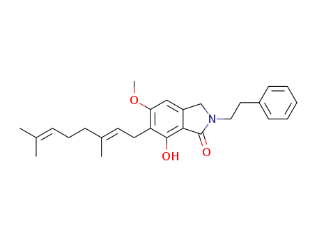 Molecular Structure of 140381-53-9 (1H-Isoindol-1-one,6-[(2E)-3,7-dimethyl-2,6- octadienyl]-2,3-dihydro-7-hydroxy-5- methoxy-2-(2-phenylethyl)- )