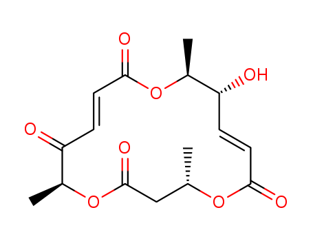 Molecular Structure of 172923-78-3 (1,5,11-Trioxacyclohexadeca-7,13-diene-2,6,12,15-tetrone,9-hydroxy-4,10,16-trimethyl-, (4S,7E,9R,10S,13E,16S)-)