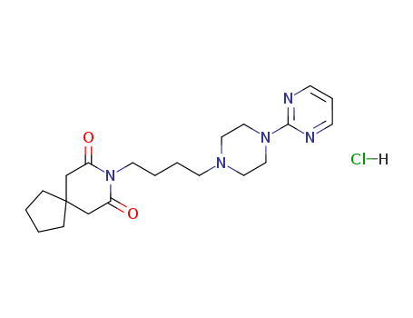 33386-08-2,Buspirone hydrochloride,1,1-Cyclopentanediacetimide,N-[4-[4-(2-pyrimidinyl)-1-piperazinyl]butyl]-, monohydrochloride (8CI);8-Azaspiro[4.5]decane-7,9-dione, 8-[4-[4-(2-pyrimidinyl)-1-piperazinyl]butyl]-,monohydrochloride (9CI);8-[4-[4-(2-Pyrimidinyl)-1-piperazinyl]butyl]-8-azaspiro[4.5]decane-7,9-dionehydrochloride;Ansial;Ansiced;Ansiten;Axoren;Bespar;Buscalma;Buspa;Buspar;Buspimem;Buspinol;Buspirone hydrochloride;Buspironemonohydrochloride;Buspisal;Busron;Censpar;Lucelan;MJ 9022-1;Narol;Travin;