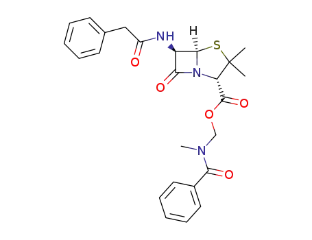 Molecular Structure of 158877-60-2 ((2S,5R,6R)-3,3-Dimethyl-7-oxo-6-phenylacetylamino-4-thia-1-aza-bicyclo[3.2.0]heptane-2-carboxylic acid (benzoyl-methyl-amino)-methyl ester)