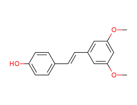 537-42-8,Pterostilbene,4-Stilbenol,3',5'-dimethoxy-, (E)- (8CI);Phenol, 4-[2-(3,5-dimethoxyphenyl)ethenyl]-,(E)-;(E)-2-(3,5-Dimethoxyphenyl)-1-(4-hydroxyphenyl)ethene;(E)-4-Hydroxy-3',5'-dimethoxystilbene;3,5-Dimethoxy-4'-hydroxy-trans-stilbene;trans-3,5-Dimethoxy-4'-hydroxystilbene;