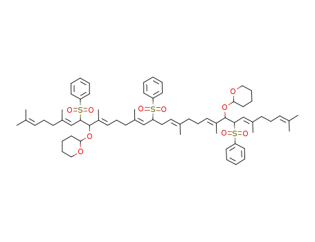 Molecular Structure of 1116695-25-0 (8,16,25-tris(benzenesulfonyl)-2,6,10,14,19,23,27,31-octamethyl-2,6,10,14,18,22,26,30-dotriacontaoctaene-9,24-diol, bis(tetrahydropyranyl) ether)