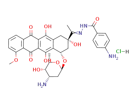 Molecular Structure of 110925-32-1 (4-Amino-benzoic acid [1-[(2S,4S)-4-((2R,4S,5S,6S)-4-amino-5-hydroxy-6-methyl-tetrahydro-pyran-2-yloxy)-2,5,12-trihydroxy-7-methoxy-6,11-dioxo-1,2,3,4,6,11-hexahydro-naphthacen-2-yl]-eth-(E)-ylidene]-hydrazide; hydrochloride)