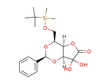 Molecular Structure of 216872-53-6 (3,5-O-benzylidene-6-O-t-butyldimethylsilyl-L-xylo-hex-2-ulosonic acid 1,4-lactone 2-hydrate)