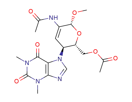 Molecular Structure of 70675-25-1 (7-(methyl 2-acetamido-6-O-acetyl-2,3,4-trideoxy-β-D-erythro-hex-2-enopyranosid-4-yl)theophylline)