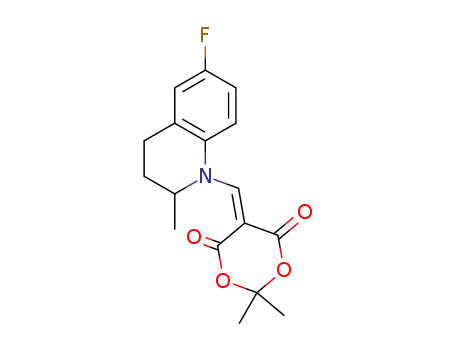 Molecular Structure of 123400-74-8 (5-[1-(6-fluoro-2-methyl-1,2,3,4-tetrahydroquinolyl)]-methylene-2,2-dimethyl-1,3-dioxan-4,6-dione)