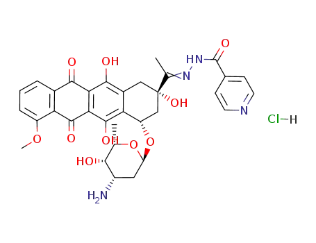 Molecular Structure of 110925-39-8 (Isonicotinic acid [1-[(2S,4S)-4-((2R,4S,5S,6S)-4-amino-5-hydroxy-6-methyl-tetrahydro-pyran-2-yloxy)-2,5,12-trihydroxy-7-methoxy-6,11-dioxo-1,2,3,4,6,11-hexahydro-naphthacen-2-yl]-eth-(E)-ylidene]-hydrazide; hydrochloride)