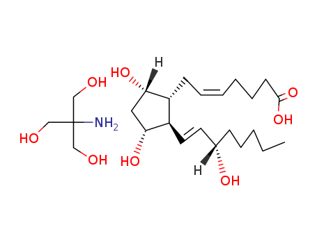 38562-01-5,Prostaglandin F2a tris salt,2-amino-2-(hydroxymethyl)propane-1,3-diol; (E)-7-[(1R,2S,3R,5S)-3,5-dihydroxy-2-[(E,3S)-3-hydroxyoct-1-enyl]cyclopentyl]hept-5-enoic acid;Panacelan F tromethamine salt;Enzaprost F compd. with trisamine;Dinoprost tromethamine (JAN/USP);Prostaglandin F2.alpha., compd. with 2-amino-2-hydroxymethyl-1,3-propanediol (1:1);Dinoprost tromethamine;7-[3,5-Dihydroxy-2-(3-hydroxy-1-octenyl)cyclopentyl]-5-heptenoic acid, tromethamine salt;Prosta-5,13-dien-1-oic acid, (5Z,9.alpha.,11.alpha.,13E,15S)-9,11,15-trihydroxy- compd. with (trimethylolamino)methane;Prosta-5,13-dien-1-oic acid, 9,11, 15-trihydroxy-, (5Z,9.alpha.,11.alpha.,13E,15S)-, compd. with 2-amino-2-(hydroxymethyl)-1,3-propanediol (1:1);Ensaprost;Pronalgon F;Prosta-5,13-dien-1-oic acid,9,11,15-trihydroxy-,(5Z,9R,11R,13E,- 15S)-,compd. with 2-amino-2-(hydroxymethyl)-1,3-propanediol (1:1);Zinoprost;Dinoprost Trometamol;
