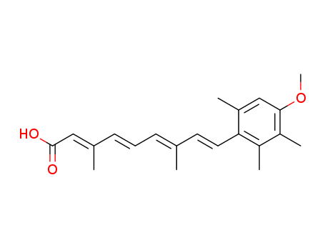 55079-83-9,Acitretin,(all-E)-9-(4-Methoxy-2,3,6-trimethylphenyl)-3,7-dimethyl-2,4,6,8-nonatetraenoic acid;all-trans-3,7-Dimethyl-9-(4-methoxy-2,3,6-trimethylphenyl)-2,4,6,8-nonatetraenoic acid;Neotigason;2,4,6,8-Nonatetraenoic acid,9-(4-methoxy-2,3,6-trimethylphenyl)-3,- 7-dimethyl-,(2E,4E,6E,8E)-;Etretin;Acitretinum [Latin];Acitretina [Spanish];all-trans-Acitretin;Acitretine [French];Acitretin [USAN:BAN:INN];Soriatane;2,4,6,8-Nonatetraenoic acid, 3,7-dimethyl-9-(4-methoxy-2,3,6-trimethylphenyl)-, (all-E)-;