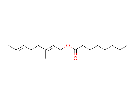 51532-26-4,GERANYL CAPRYLATE,Octanoicacid, (2E)-3,7-dimethyl-2,6-octadienyl ester (9CI); Octanoic acid,3,7-dimethyl-2,6-octadienyl ester, (E)-; Geraniol caprylate; Geranyl caprylate;Geranyl octanoate