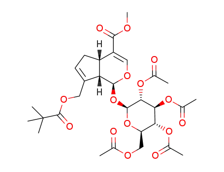 Molecular Structure of 1141938-70-6 (7-(2,2-dimethyl-propionyloxymethyl)-1-(3,4,5-triacetoxy-6-acetoxymethyl-tetrahydro-pyran-2-yloxy)-1,4a,5,7a-tetrahydro-cyclopenta[c]pyran-4-carboxylic acid methyl ester)