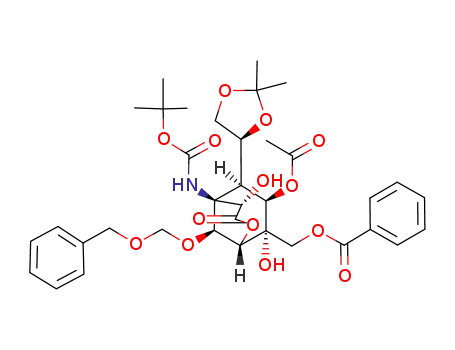 Molecular Structure of 588694-06-8 (Carbamic acid,
[(1S,4S,5S,6S,7R,8S,9S)-7-(acetyloxy)-8-[(benzoyloxy)methyl]-6-[(4S)-
2,2-dimethyl-1,3-dioxolan-4-yl]-4,8-dihydroxy-3-oxo-9-[(phenylmethoxy)
methoxy]-2-oxabicyclo[3.3.1]non-5-yl]-, 1,1-dimethylethyl ester)
