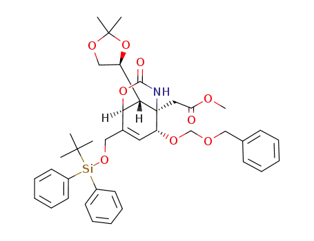Molecular Structure of 588693-79-2 (2-Oxa-4-azabicyclo[3.3.1]non-7-ene-5-acetic acid,
9-[(4S)-2,2-dimethyl-1,3-dioxolan-4-yl]-8-[[[(1,1-dimethylethyl)diphenylsil
yl]oxy]methyl]-3-oxo-6-[(phenylmethoxy)methoxy]-, methyl ester,
(1S,5R,6R,9R)-)