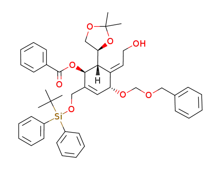 Molecular Structure of 588693-67-8 (2-Cyclohexen-1-ol,
6-[(4S)-2,2-dimethyl-1,3-dioxolan-4-yl]-2-[[[(1,1-dimethylethyl)diphenylsil
yl]oxy]methyl]-5-(2-hydroxyethylidene)-4-[(phenylmethoxy)methoxy]-,
1-benzoate, (1S,4R,5E,6R)-)