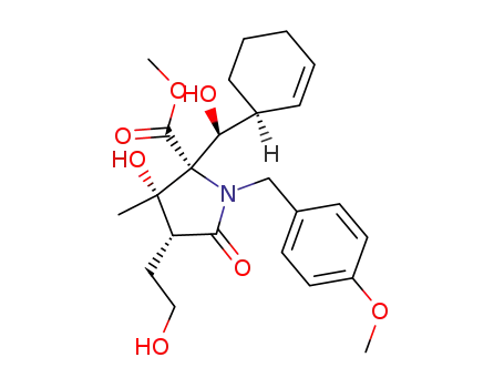 Molecular Structure of 704910-41-8 (D-Proline,
2-[(S)-(1S)-2-cyclohexen-1-ylhydroxymethyl]-3-hydroxy-4-(2-hydroxyethyl
)-1-[(4-methoxyphenyl)methyl]-3-methyl-5-oxo-, methyl ester, (3S,4R)-)