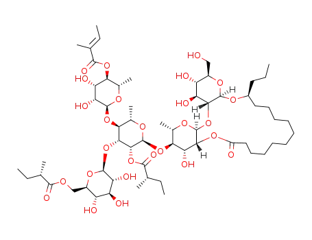 Molecular Structure of 1400908-83-9 ((S)-12-hydroxypentadecanoic acid 12-O-(6-O-(S)-2-methylbutyryl)-β-D-glucopyranosyl-(1->3)-O-[4-O-tigloyl-α-L-rhamnopyranosyl-(1->4)]-O-[2-O-(S)-2-methylbutyryl]-α-L-rhamnopyranosyl-(1->4)-O-α-L-rhamnopyranosyl-(1->2)-β-D-glucopyranoside)