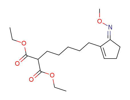 Molecular Structure of 52477-94-8 (Propanedioic acid, [5-[5-(methoxyimino)-1-cyclopenten-1-yl]pentyl]-,
diethyl ester)