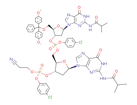 Molecular Structure of 69924-11-4 (3-Guanylic acid, 5-O-(bis(4-methoxyphenyl)phenylmethyl)-P-(4-chlorophenyl)-2-deoxy-N-(2-methyl-1-oxopropyl)guanylyl-(3.5)-2-deoxy-N-(2-methyl-1-oxopropyl)-, 4-chlorophenyl 2-cyanoethyl ester)