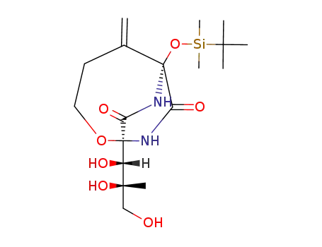 Molecular Structure of 95237-56-2 ((1S,6R)-6-<(tert-butyldimethylsilyl)oxy>-1-<(1S,2S)-2-methyl-1,2,3-trihydroxypropyl>-5-methylene-7,9-diaza-2-oxabicyclo<4.2.2>decane-8,10-dione)