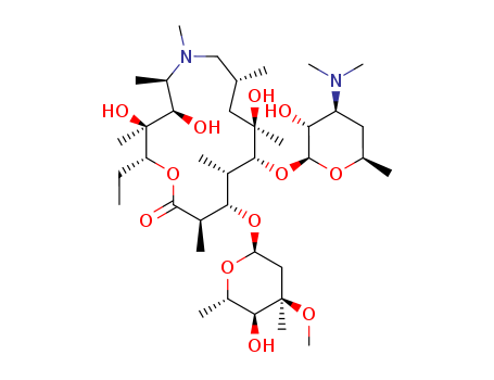83905-01-5,Azithromycin,Azithromycin [USAN:BAN:INN];Misultina;1-Oxa-6-azacyclopentadecan-15-one,13-[(2,- 6-dideoxy-3-C-methyl-3-O-methyl-R-Lribo- hexopyranosyl)oxy]-2-ethyl-3,4,10- trihydroxy-3,5,6,8,10,12,14-heptamethyl-11- [[3,4,6-trideoxy-3-(dimethylamino)-a-D-xylohexopyranosyl] oxy]-,(2R,3S,4R,5R,8R,10R,11R,- 12S,13S,14R)-;Azithromycin (AIDS Initiative);Hemomycin;(2R,3S,4R,5R,8R,10R,11R,12S,13S,14R)-13-((2,6-Dideoxy-3-C-methyl-3-O-methyl-alpha-L-ribo-hexopyranosyl)oxy)-2-ethyl-3,4,10-trihydroxy-3,5,6,8,10,12,14-heptamethyl-11-((3,4,6-trideoxy-3-(dimethylamino)-beta-D-xylo-hexopyranosyl)oxy)-1-oxa-6-azacyclopentadecan-15-one;9-Deoxo-9a-aza-9a-methyl-9a-homoerythromycin A;Zithromax;Tobil;Zitrotek;Aritromicina [Spanish];(2R,3R,4R,5R,8R,10R,11R,13S,14R)-11-[(2S,3R,4S,6R)-4-dimethylamino-3-hydroxy-6-methyl-oxan-2-yl]oxy-2-ethyl-3,4,10-trihydroxy-13-[(2S,4R,5S,6S)-5-hydroxy-4-methoxy-4,6-dimethyl-oxan-2-yl]oxy-3,5,6,8,10,12,14-heptamethyl-1-oxa-6-azacyclopentadecan-15-one;Azitromax;Azithromycinum [Latin];CP-62993;Setron;Sumamed;Azithromycine [French];Zeto;Zitromax;Aztrin;Zithrax;1-Oxa-6-azacyclopentadecan-15-one, 13-[(2,6-dideoxy-3-C-methyl-3-O-methylhexopyranosyl)oxy]-2-ethyl-3,4,10-trihydroxy-3,5,6,8,10,12,14-heptamethyl-11-[[3,4,6-trideoxy-3-(dimethylamino)hexopyranosyl]oxy]-, (2R,3S,4R,5R,8R,10R,11R,12S,13S,14R)-;Zifin;[2R-(2R*,3S*,4R*,5R*,8R*,10R*,11R*,12S*,13S*,14R*)]-13-[(2,6-Dideoxy-3-C-methyl-3-O-methyl-.alpha.-L-ribo-hexopyranosyl)oxy]-2-ethyl-3,4,10-trihydroxy-3,5,6,8,10,12,14-heptamethyl-11-[[3,4,6-;Azithromycin? /Azithromycin Dihydrate;Azithromycin Dihydrate;Azithromycin(water soluble);