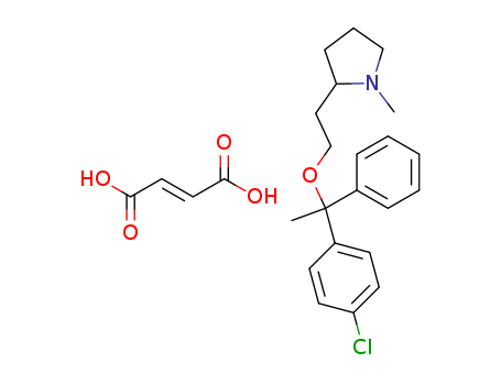 14976-57-9,Clemastine fumarate,Mecloprodine;Piloral;Reconin;Tavegil;Tavegyl;Tavist;Telgin;Telgin G;Trabest;Xolamin;Pyrrolidine,2-[2-[1-(4-chlorophenyl)-1-phenylethoxy]ethyl]-1-methyl-, [R-(R*,R*)]-,(E)-2-butenedioate (1:1);(+)-2-[2-[(p-Chloro-a-methyl-a-phenylbenzyl)oxy]ethyl]-1-methylpyrrolidine fumarate;