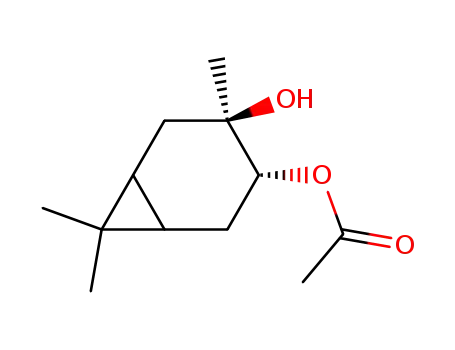 Molecular Structure of 28435-84-9 ((1alpha,3beta,4alpha,6alpha)-3-hydroxy-3,7,7-trimethylbicyclo[4.1.0]hept-4-yl acetate)