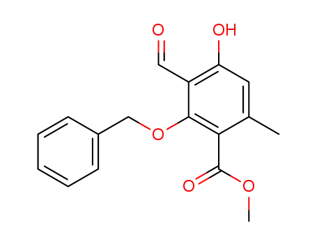 Molecular Structure of 72935-20-7 (2-benzyloxy-3-formyl-4-hydroxy-6-methyl-benzoic acid methyl ester)