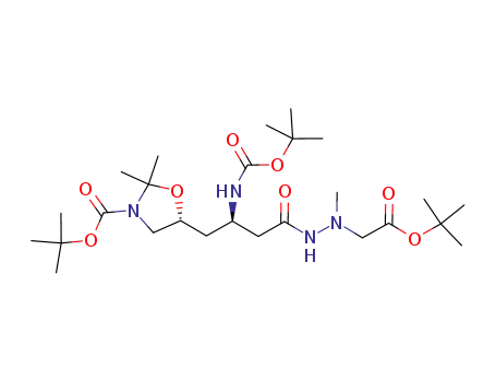 Molecular Structure of 1037825-22-1 ((R)-tert-butyl (R)-5-[2-(tert-butoxycarbonylamino)-3-{(tert-butoxycarbonylmethyl)methylaminocarbamoyl}propyl]-2,2-dimethyloxazolidine-3-carboxylate)