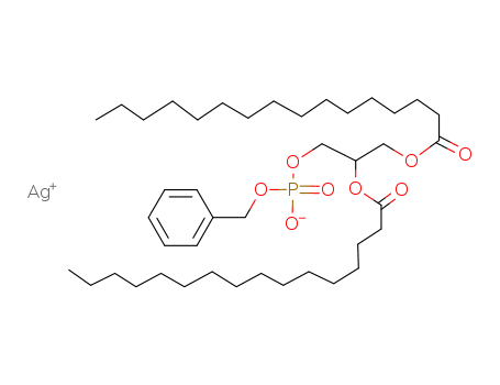 Molecular Structure of 19971-21-2 (Hexadecanoic acid,
1-[[[hydroxy(phenylmethoxy)phosphinyl]oxy]methyl]-1,2-ethanediyl ester,
silver(1+) salt)