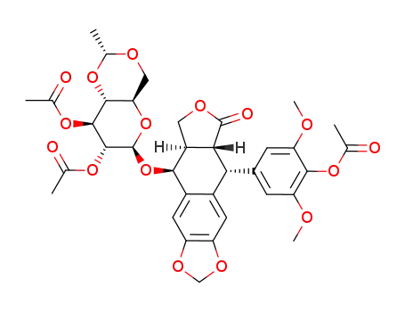 Molecular Structure of 172138-90-8 (Acetic acid 4-[(5R,5aR,8aR,9S)-9-((2R,4aR,6R,7R,8S,8aR)-7,8-diacetoxy-2-methyl-hexahydro-pyrano[3,2-d][1,3]dioxin-6-yloxy)-6-oxo-5,5a,6,8,8a,9-hexahydro-furo[3',4':6,7]naphtho[2,3-d][1,3]dioxol-5-yl]-2,6-dimethoxy-phenyl ester)