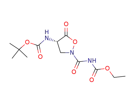 Molecular Structure of 97839-01-5 (((S)-2-Ethoxycarbonylaminocarbonyl-5-oxo-isoxazolidin-4-yl)-carbamic acid tert-butyl ester)