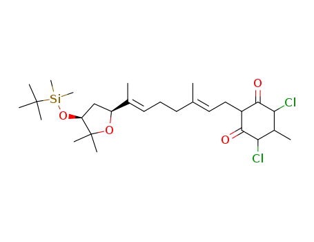 Molecular Structure of 99477-61-9 ((2'E,6'E,1''S,4''S)-3-<7'-(4''-t-butyldimethylsilyloxy-3'',3''-dimethyl-2''-oxacyclopentyl)-3',7'-dimethyl-2',6'-heptadienyl>-1,5-dichloro-6-methyl-2,4-cyclohexanedione)