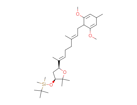 Molecular Structure of 99477-60-8 ((2'E,6'E,1''S,4''S)-(+)-3-<7'-(4''-t-butyldimethylsilyloxy-3'',3''-dimethyl-2''-oxacyclopentyl)-3',7'-dimethyl-2',6'-heptadienyl>-2,4-dimethoxy-6-methyl-1,4-cyclohexadiene)