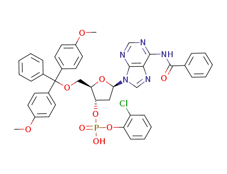 Molecular Structure of 78272-53-4 (3'-Adenylic acid,
N-benzoyl-5'-O-[bis(4-methoxyphenyl)phenylmethyl]-2'-deoxy-,
mono(2-chlorophenyl) ester)