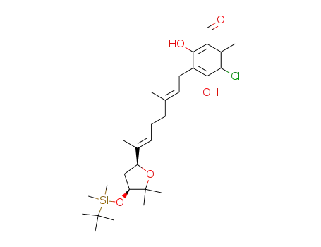 Molecular Structure of 99477-63-1 ((2'E,6'E,1''S,4''S)-5-chloro-2,4-dihydroxy-6-methyl-3-<7'-(4''-t-butyldimethylsilyloxy-3'',3''-dimethyl-2''-oxacyclopentyl)-3',7'-dimethyl-2',6'-heptadienyl>benzaldehyde)