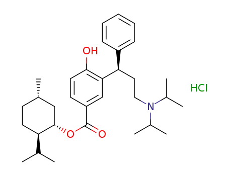 Molecular Structure of 1449220-60-3 (D-(+)-menthyl 3-(3-N,N'-diisopropylamino-1(R)-phenyl-propyl)-4-hydroxy-benzoate hydrochloride)