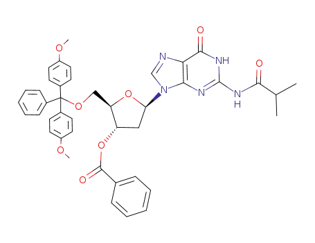 Molecular Structure of 93966-65-5 (Guanosine,5'-O-[bis(4-methoxyphenyl)phenylmethyl]-2'-deoxy-N-(2-methyl-1-oxopropyl)-,3'-benzoate (9CI))
