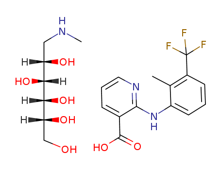 42461-84-7,Flunixin meglumin,Banamine (Veterinary);Flunixin N-methylglucanine;2-(alpha(sup 3),alpha(sup 3),alpha(sup 3)-Trifluoro-2,3-xylidino)nicotinic acid compound with 1-deoxy-1-(methylamino)-D-glucitol (1:1);Finadyne;(2R,3R,4R,5S)-6-methylaminohexane-1,2,3,4,5-pentol; 2-[[2-methyl-3-(trifluoromethyl)phenyl]amino]pyridine-3-carboxylic acid;2-((2-Methyl-3-(trifluoromethyl)-phenyl)amino)-3-pyridinecarboxylic acid with meglumine compounded;D-Glucitol,1-deoxy-1-(methylamino)-,2-[[2- methyl-3-(trifluoromethyl)phenyl]amino]-3- pyridinecarboxylate (salt);1-Deoxy-1-(methylamino)-D-glucitol 2-(2-methyl-3-(perfluoromethyl)anilino)nicotinate;3-Pyridinecarboxylic acid, 2-((2-methyl-3-(trifluoromethyl)phenyl)amino)-, compd. with 1-deoxy-1-(methylamino)-D-glucitol (1:1);Flunixin Meglumine [USAN];Banamine;1-deoxy-1-(methylamino)-D-glucitol 2-[2-methyl-3-(perfluoromethyl)anilino]nicotinate;meglumine salt（Flunixin meglumine）;