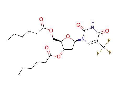 Molecular Structure of 89143-01-1 (Hexanoic acid (2R,3S,5R)-5-(2,4-dioxo-5-trifluoromethyl-3,4-dihydro-2H-pyrimidin-1-yl)-2-hexanoyloxymethyl-tetrahydro-furan-3-yl ester)