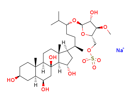 Molecular Structure of 113626-21-4 (Cholestane-3,6,8,15-tetrol,24-[(3-O-methyl-5-O-sulfo-b-D-xylofuranosyl)oxy]-, monosodium salt, (3b,5a,6a,15b,24S)- (9CI))