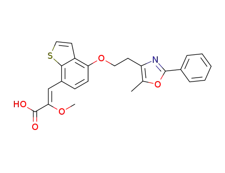Molecular Structure of 849150-55-6 (2-Propenoic acid,
2-methoxy-3-[4-[2-(5-methyl-2-phenyl-4-oxazolyl)ethoxy]benzo[b]thien-7-
yl]-, (2Z)-)